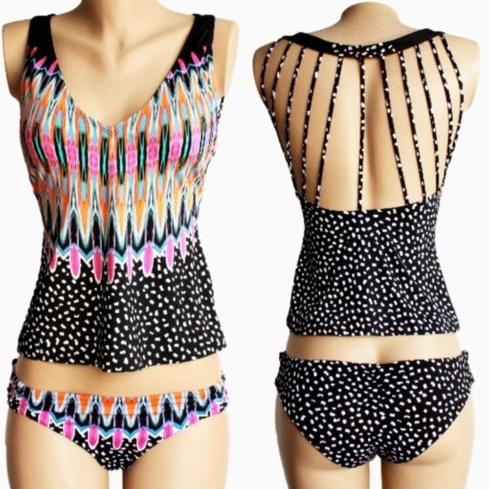 Bar III Strappy Ikat Dot Plunge Cheeky Tankini Set